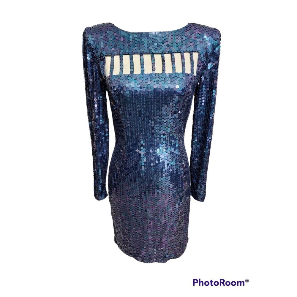 VTG 90s NITELINE Della Roufogali Heavy Sequined Cutout Neck Cocktail Dress